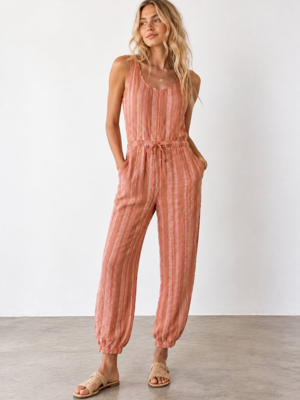 ANTHROPOLOGIE Drew Whitney Linen Blend Striped Sleeveless Jogger Jumpsuit S EUC